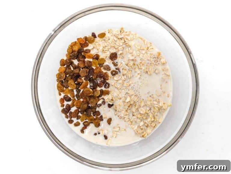 Fuel Your Morning: 30 Plant-Powered Breakfast Creations 35 rolled oats, milk, and raisins in a bowl