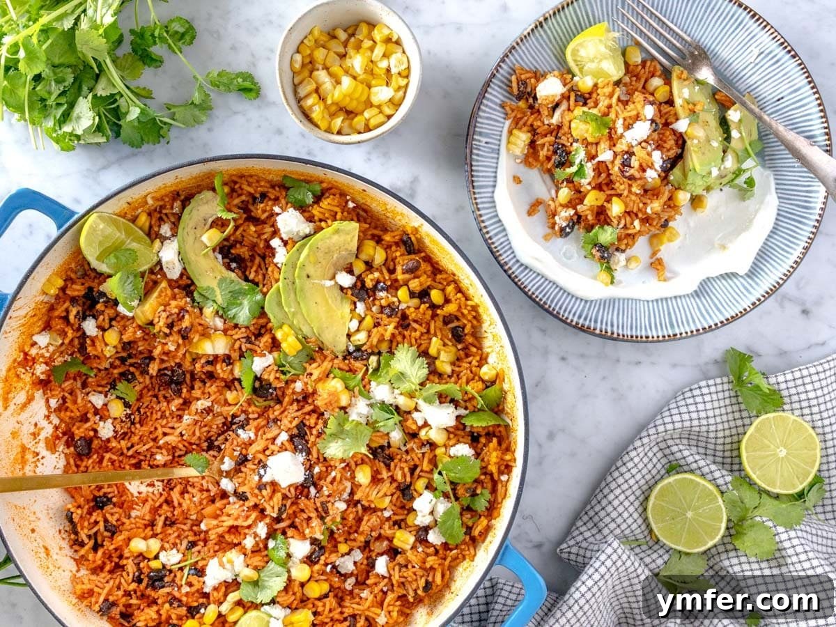 Fuel Your Morning: 30 Plant-Powered Breakfast Creations 6 Mexican rice in a skillet and one portion on a plate.