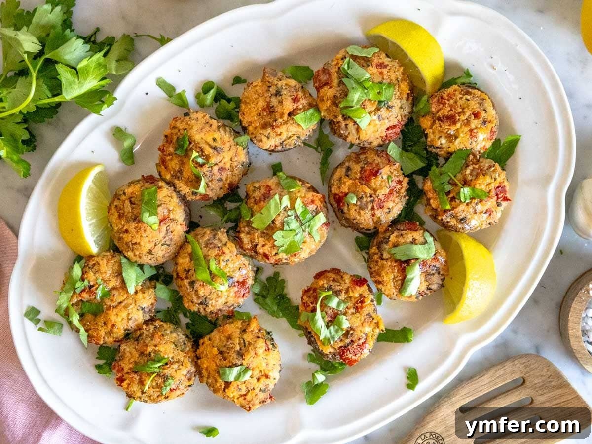 Savory Stuffed Delights 11 Stuffed mushrooms on a white serving platter, garnished with lemon and parsley, highlighting their elegant presentation