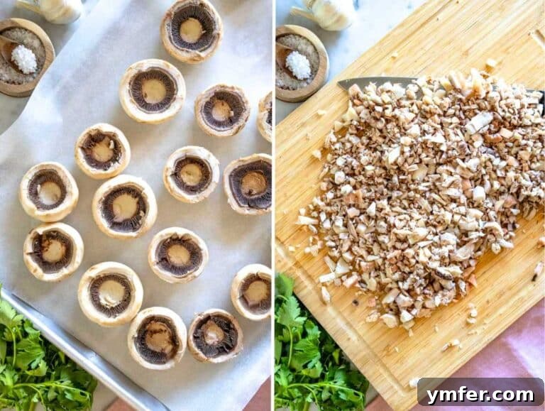 Savory Stuffed Delights 13 preparing brown mushrooms for stuffing, showing stems removed and caps hollowed