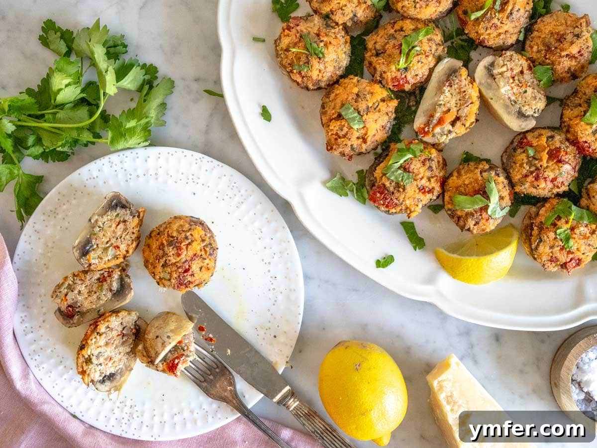 Savory Stuffed Delights 10 Baked stuffed mushrooms served as an elegant side dish on a white platter