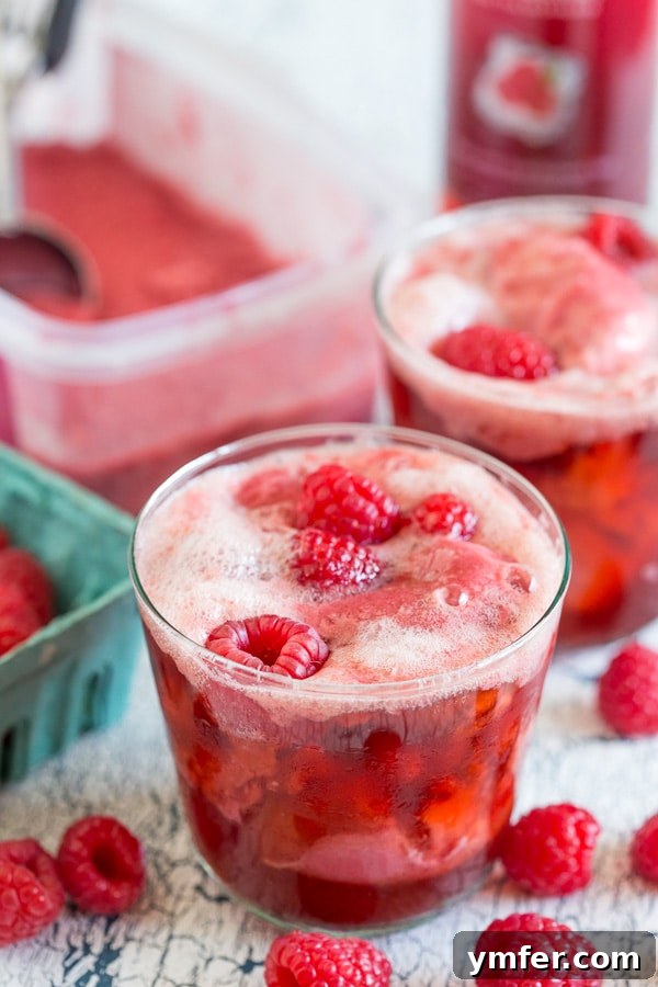 Frosted Raspberry Tea Float 3 Two glasses of raspberry sorbet tea float, garnished with fresh raspberries, ready for a refreshing summer dessert.