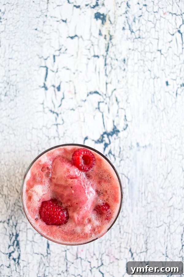 Frosted Raspberry Tea Float 5 A hand holding a glass of raspberry sorbet tea float against a blurred summer background, emphasizing refreshing moments.