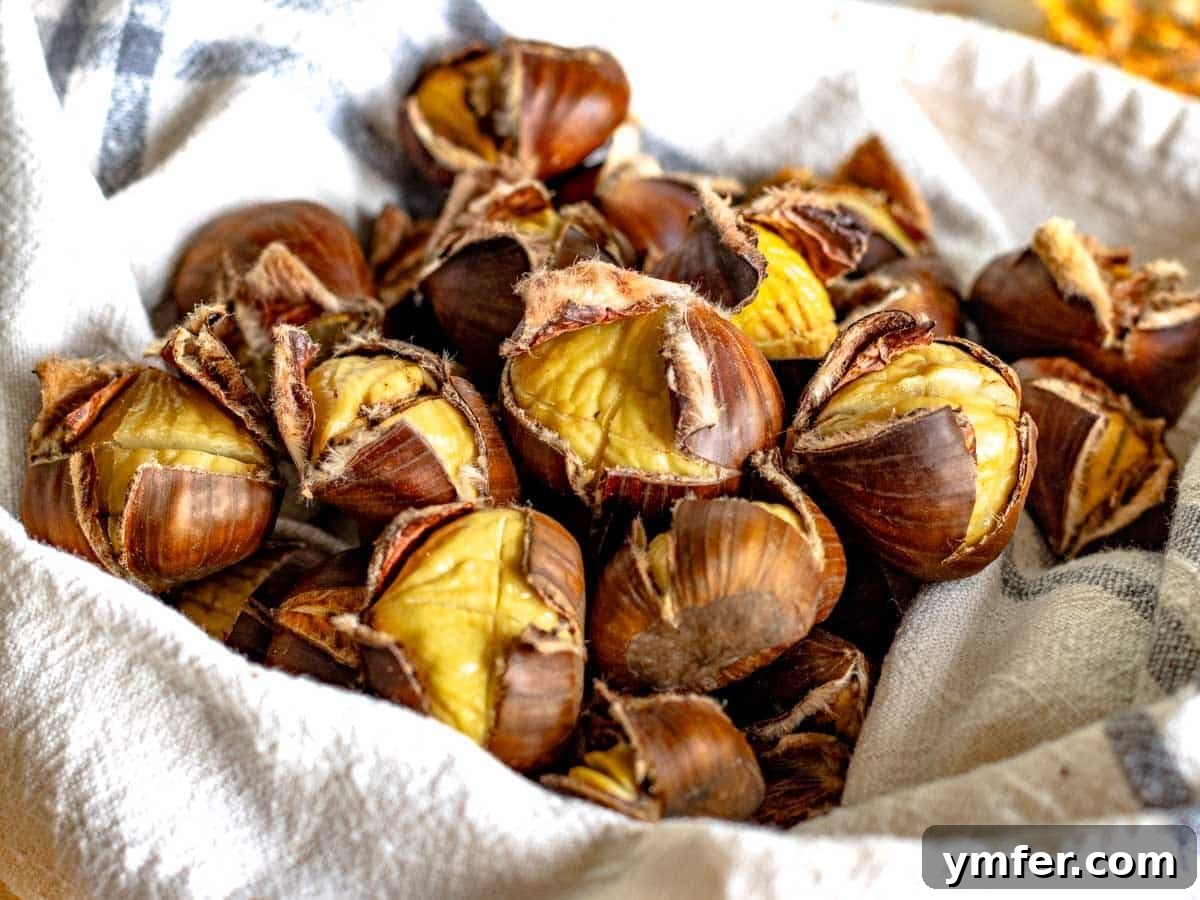 Fireside Roasted Chestnuts 10 Roasted chestnuts wrapped in a cloth, steaming after baking.