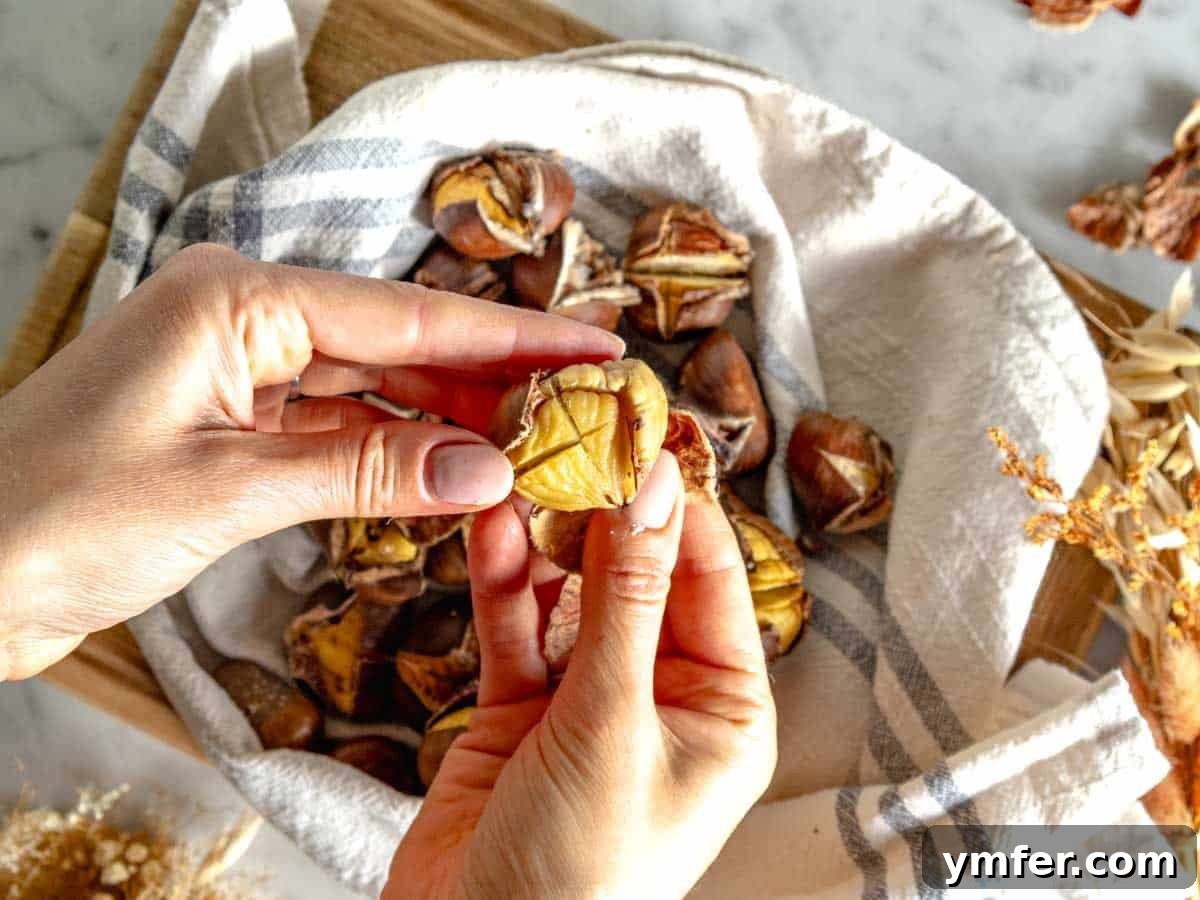 Fireside Roasted Chestnuts 11 Female hands peeling roasted chestnuts, showing the ease of removal when hot.