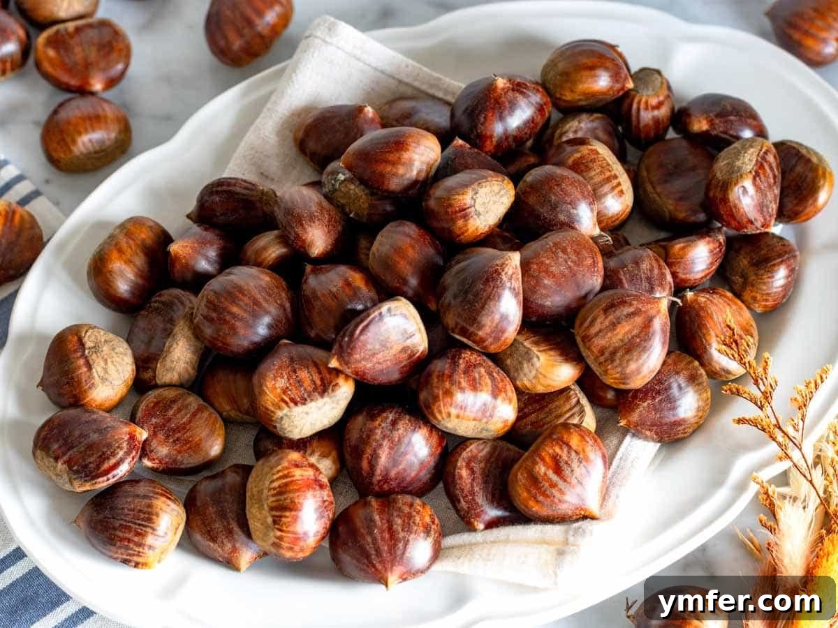 Fireside Roasted Chestnuts 6 Raw chestnuts piled on a platter, showcasing their fresh appearance.
