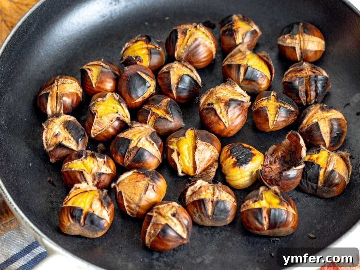 Fireside Roasted Chestnuts 8 Chestnuts roasted on a cast-iron skillet, showcasing a rustic cooking method.