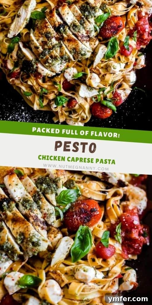Fresh Caprese Pesto Chicken Pasta 6 Pesto Chicken Caprese Pasta pin for Pinterest. A vertical image of the pasta dish, ideal for social sharing.