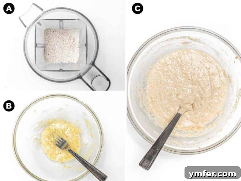 Hearty Oat Flapjacks 9 Step 1 oatmeal pancakes: blending oats and mixing wet ingredients.