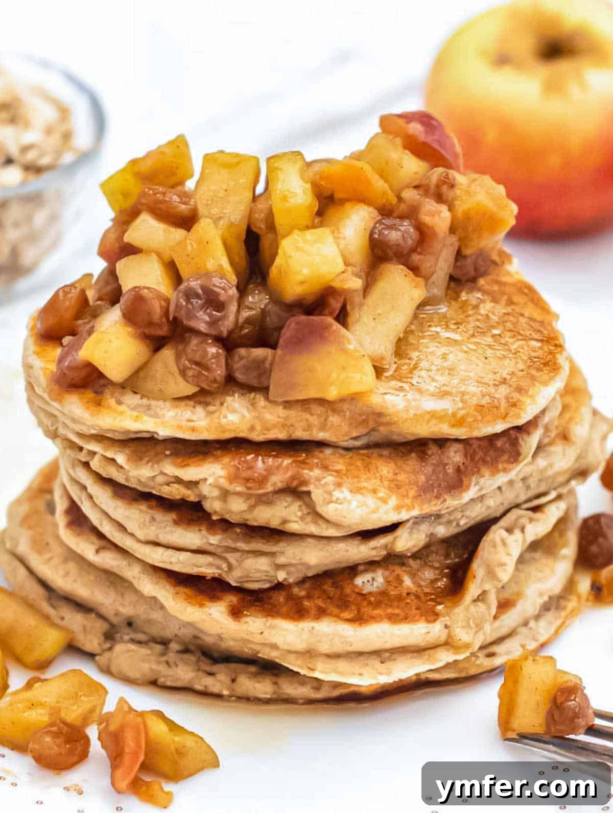 Hearty Oat Flapjacks 7 Oatmeal pancakes topped with homemade apple compote.
