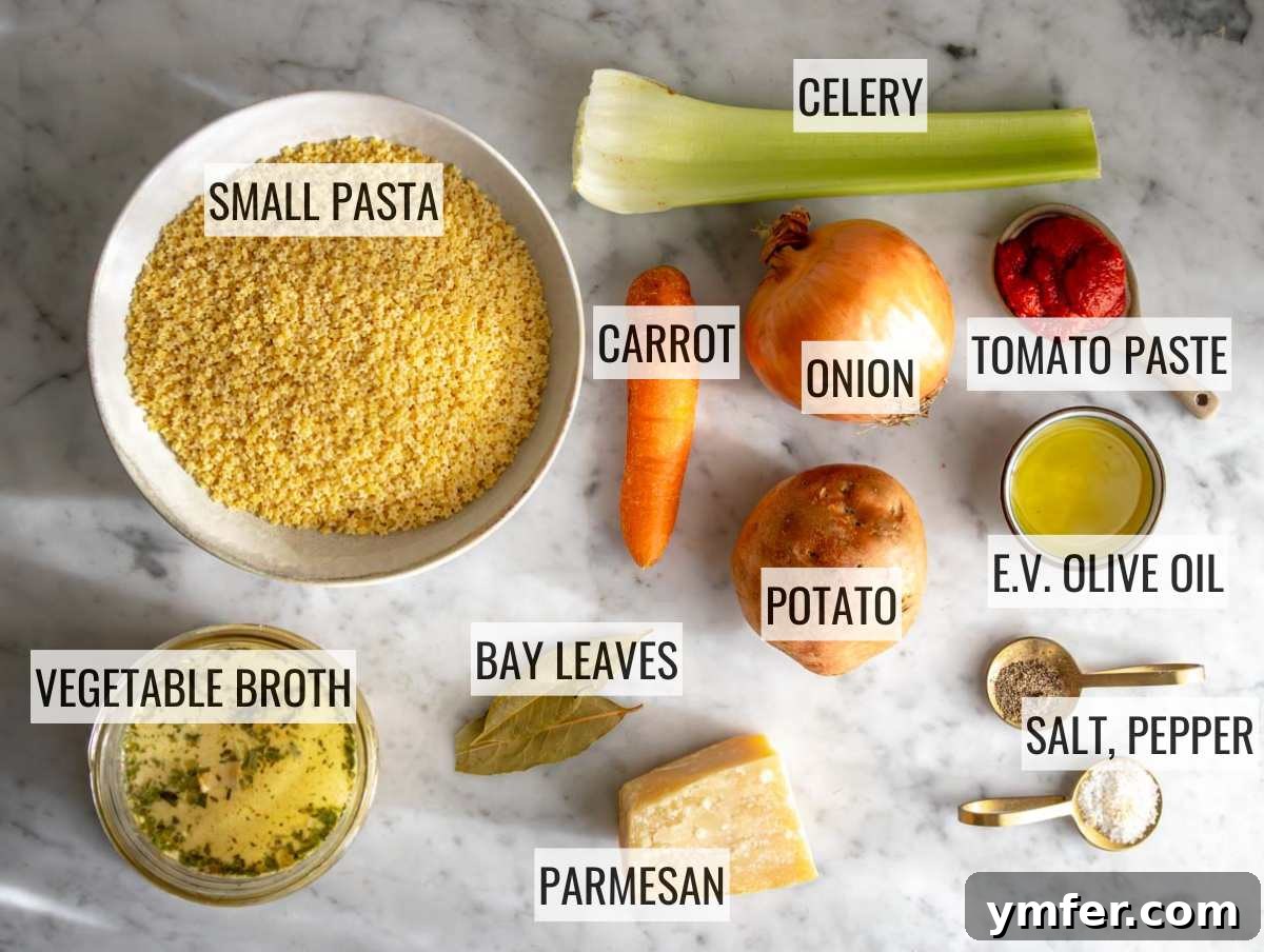 Soothing Small Pasta 6 Fresh ingredients for Pastina laid out on a marble surface: small pasta, vegetables, tomato paste, and Parmesan.