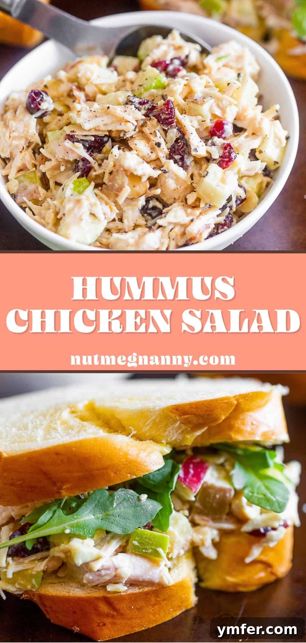 Mediterranean Hummus Chicken Salad 7 Long Pinterest pin for Hummus Chicken Salad featuring ingredients and finished dish.