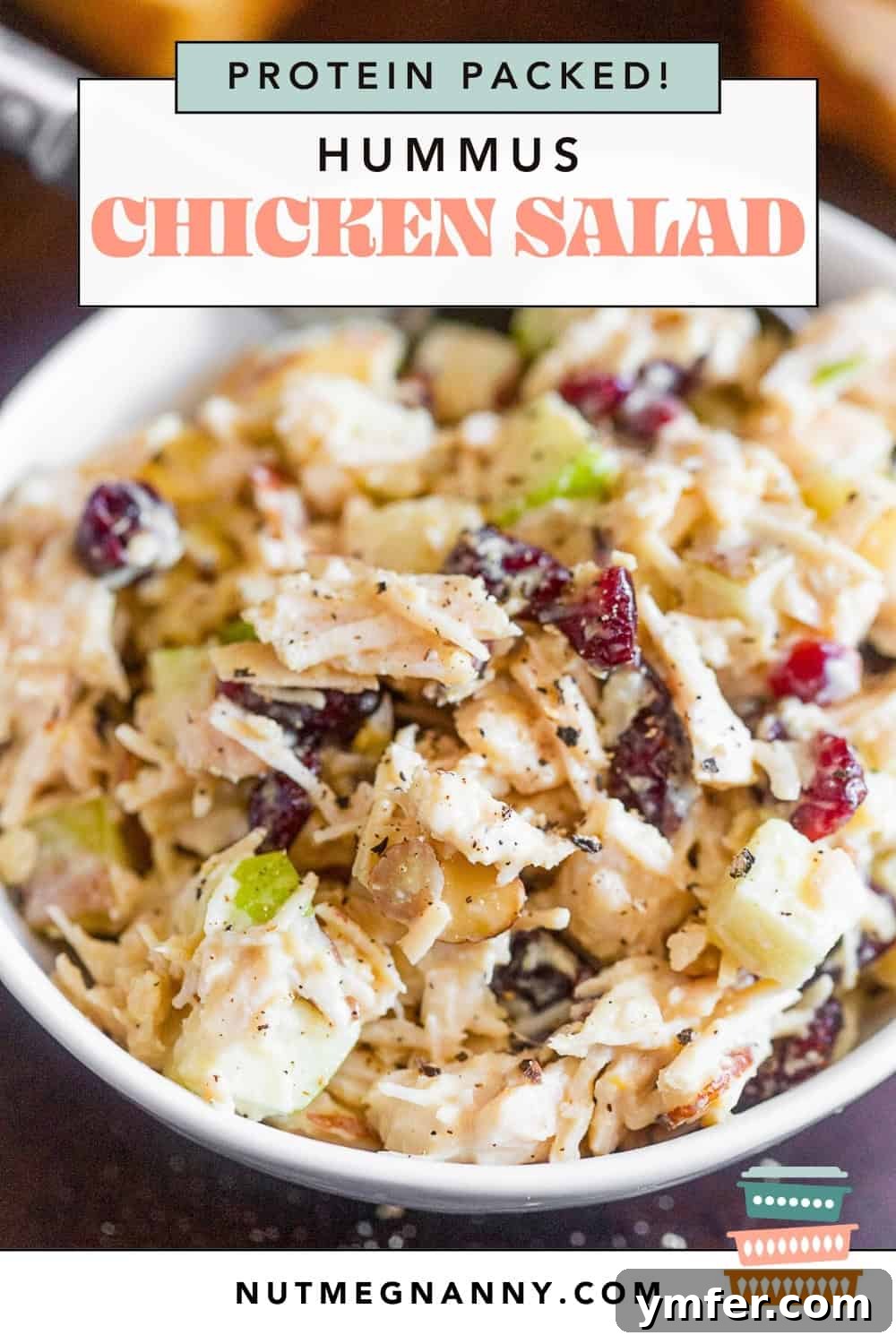Mediterranean Hummus Chicken Salad 8 Square Pinterest pin graphic for Hummus Chicken Salad, highlighting key ingredients.