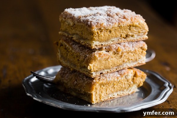 Autumn Churro Pumpkin Cheesecake Dream Bars 3 Several pumpkin churro cheesecake bars neatly stacked on a white plate.