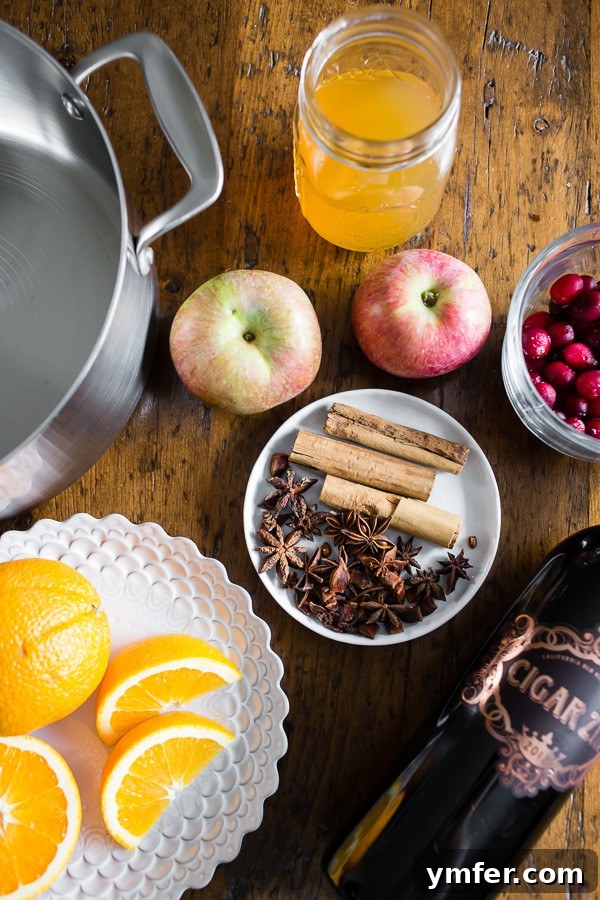 Spiced Winter Comfort 3 Ingredients for Holiday Spiced Mulled Wine laid out on a table, including red wine, apple cider, oranges, apples, cranberries, cinnamon sticks, star anise, and whole cloves.