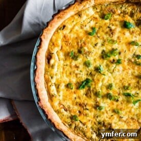 Rustic Bacon Onion Herb Quiche 6 This bacon onion herb quiche is packed full of flavor and perfect for breakfast, brunch or even dinner! Read in just an hour and can be served hot from the oven or room temperature. You're going to love how easy this quiche is to prepare!