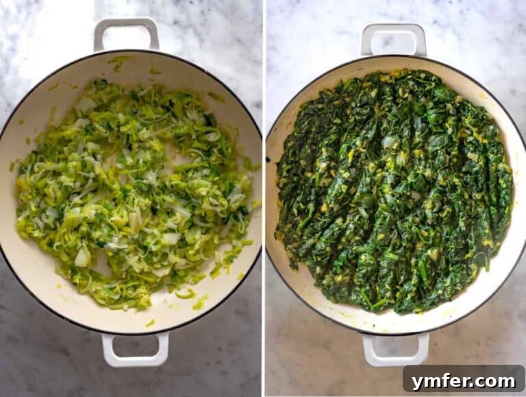 Flaky Greek Spinach and Feta Pie 10 Cooking leek and spinach in a skillet until soft.