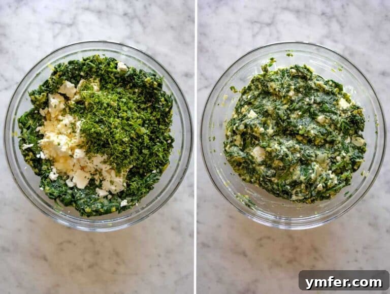Flaky Greek Spinach and Feta Pie 11 Spinach mixed with feta, eggs, and herbs for the spanakopita filling.