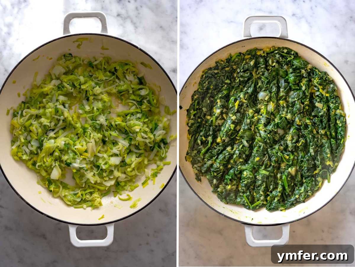 Flaky Greek Spinach and Feta Pie 4 Sautéing finely chopped leeks and fresh spinach in a hot skillet, releasing their vibrant aromas and flavors.
