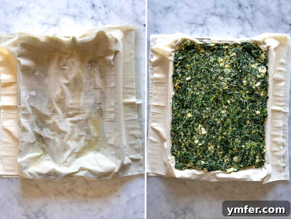 Flaky Greek Spinach and Feta Pie 6 The process of assembling a Greek spinach pie, showing delicate phyllo dough layers being arranged in a baking pan, ready for the delicious filling.