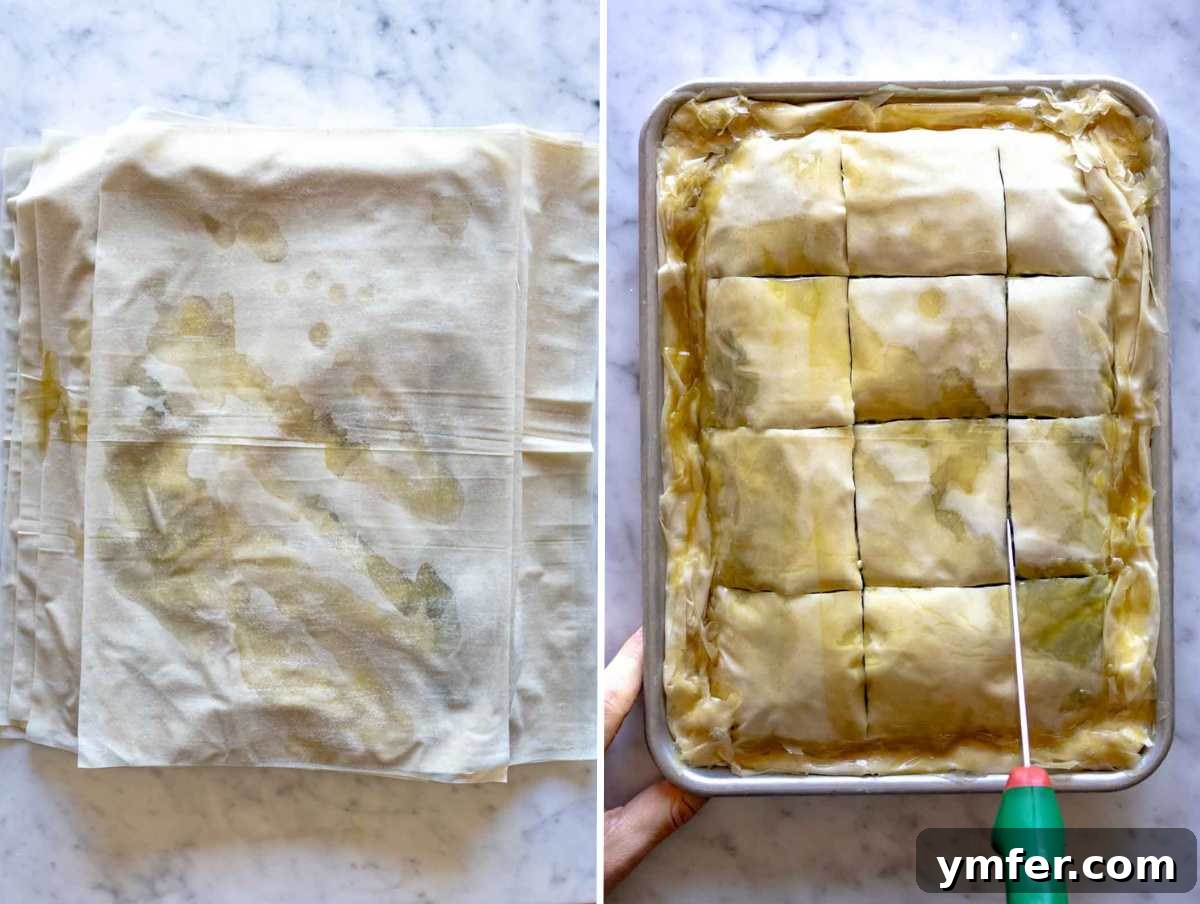 Flaky Greek Spinach and Feta Pie 7 The top layers of phyllo dough being added to the Spanakopita, carefully cut into squares and brushed with olive oil for a perfect golden finish.
