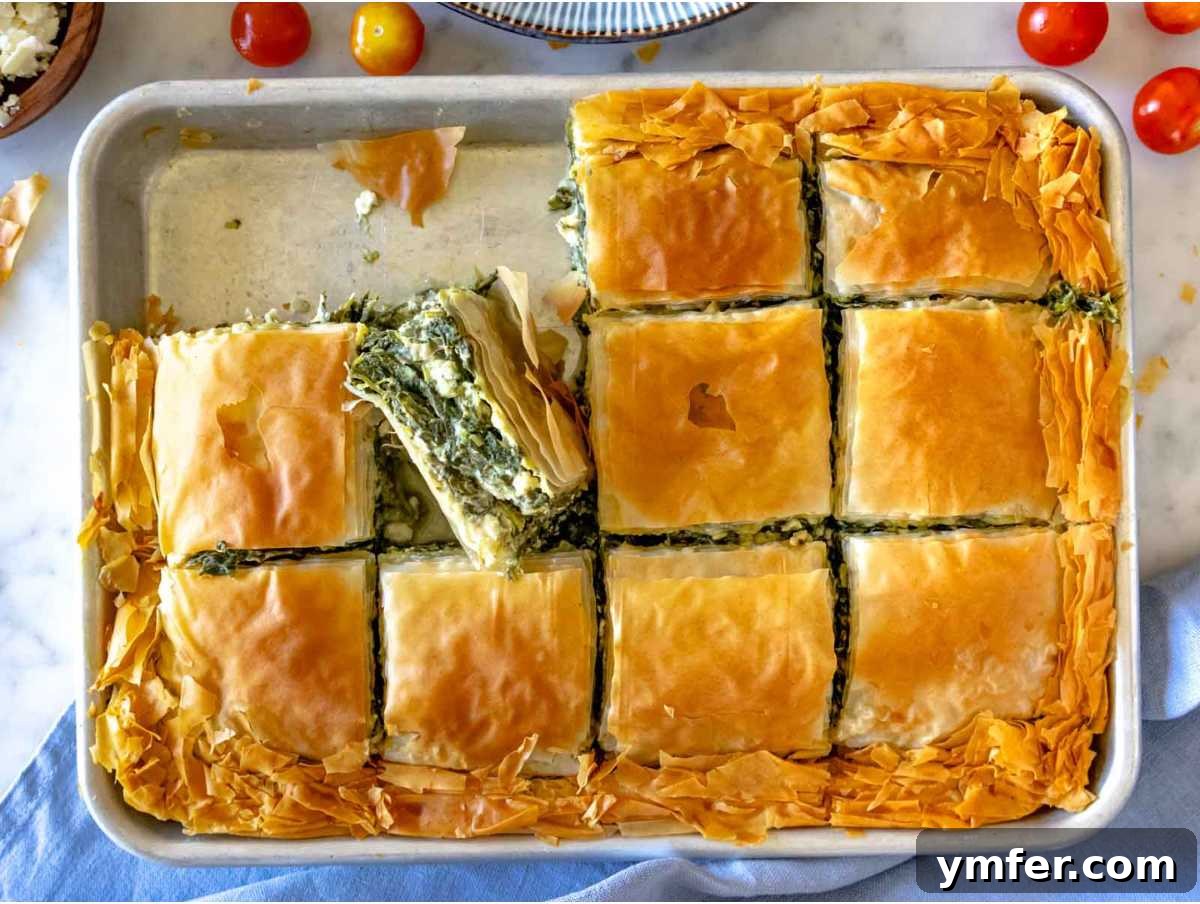 Flaky Greek Spinach and Feta Pie 8 A freshly baked Greek Spanakopita, with its golden-brown, flaky crust and savory spinach and feta filling, ready to be enjoyed.