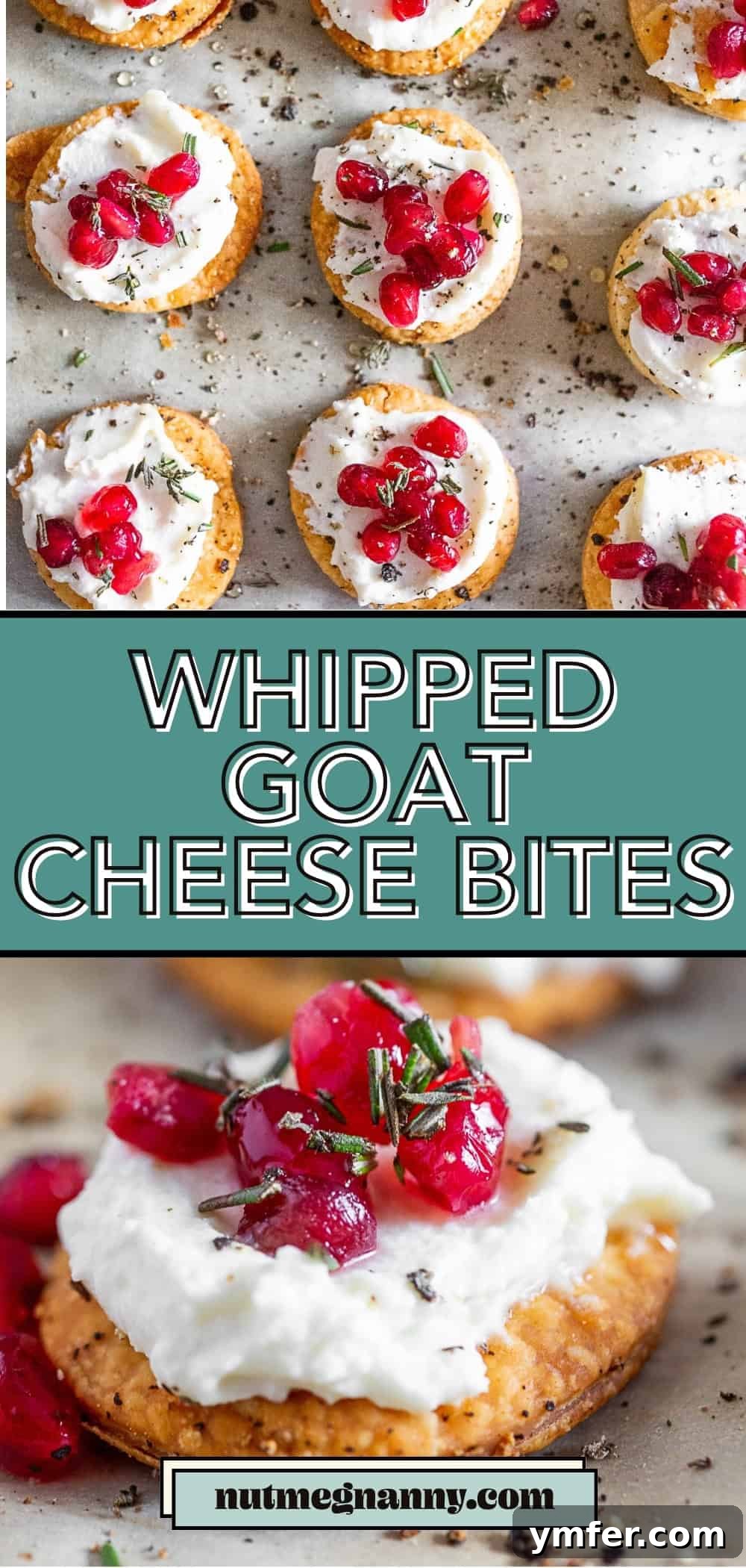 Tangy Chevre Clouds 8 Long Pinterest pin image featuring Whipped Goat Cheese Bites with pomegranate and rosemary.