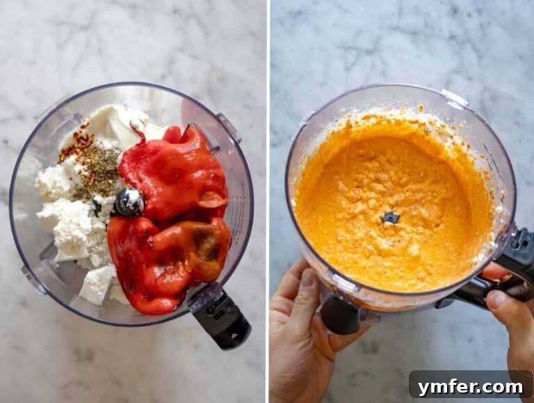 Fiery Feta Delight 8 Tirokafteri before and after blending in a food processor.