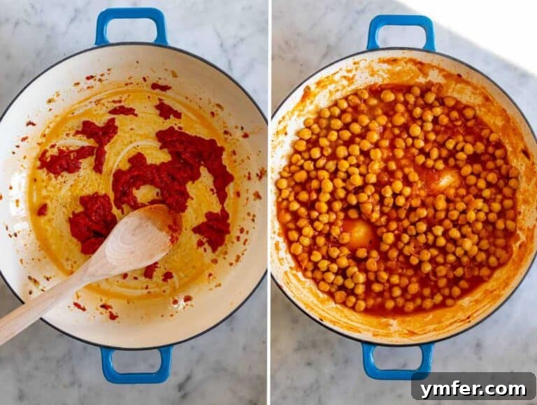 Soulmate Chickpeas 9 Chickpeas sautéed in the flavor base with garlic and tomato paste, preparing for the next step.