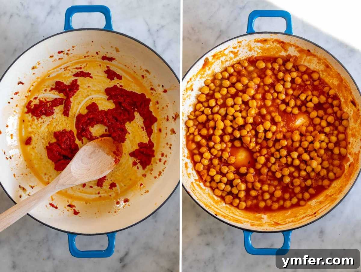 Soulmate Chickpeas 5 Chickpeas sizzling in a pan with fragrant garlic and rich tomato paste, forming the flavorful base.