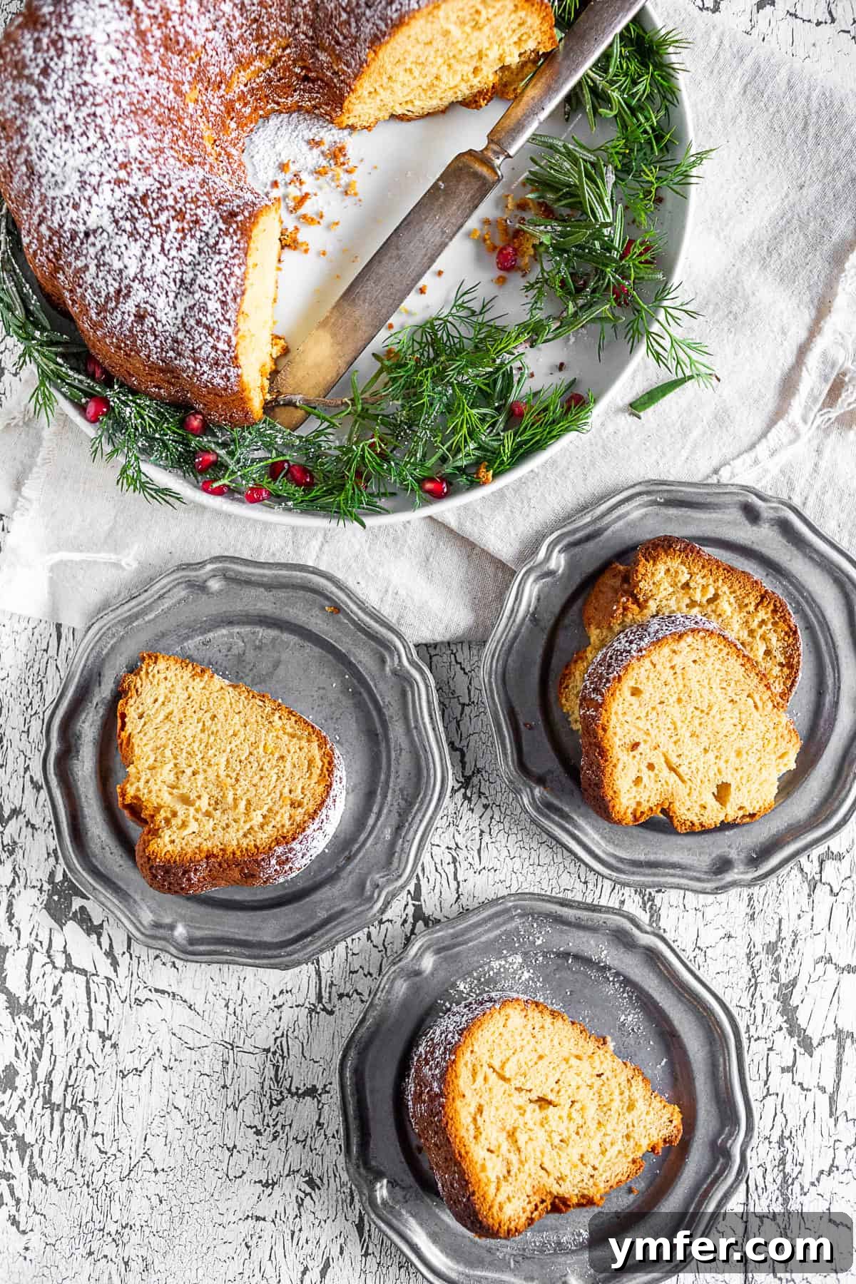 Elegant Sherry Bundt Cake 3 Several slices of moist cream sherry bundt cake served on individual white plates, demonstrating its perfectly sliced texture and inviting presentation.
