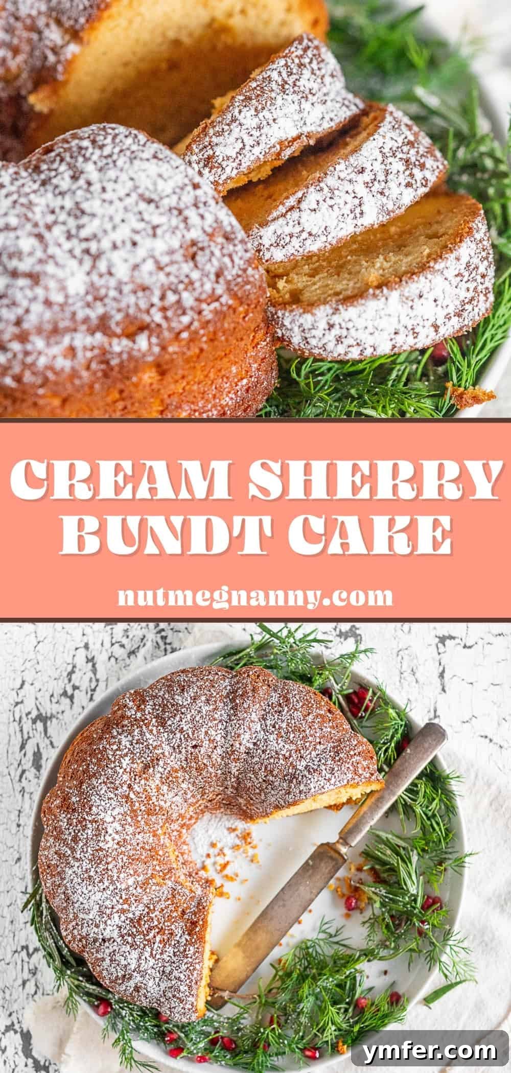 Elegant Sherry Bundt Cake 8 Cream Sherry Bundt Cake pin for Pinterest. A vertical graphic with text 'Cream Sherry Bundt Cake' and a slice of cake on a plate.