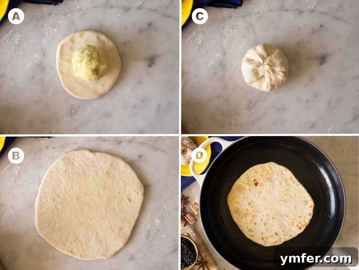 Flaky Stuffed Paratha Perfection 10 Step-by-step visual guide on how to prepare and stuff a paratha, from filling to sealed dough ball.