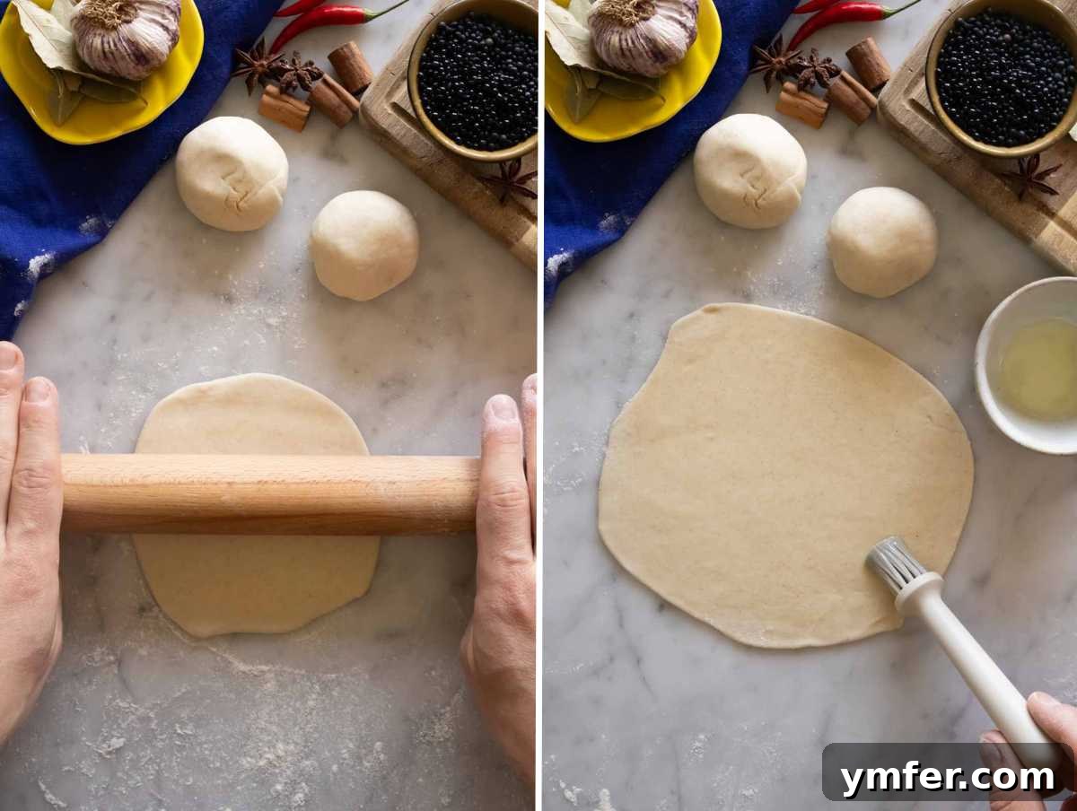 Flaky Stuffed Paratha Perfection 6 Step-by-step imagery of rolling out paratha dough and brushing it with oil for layers.