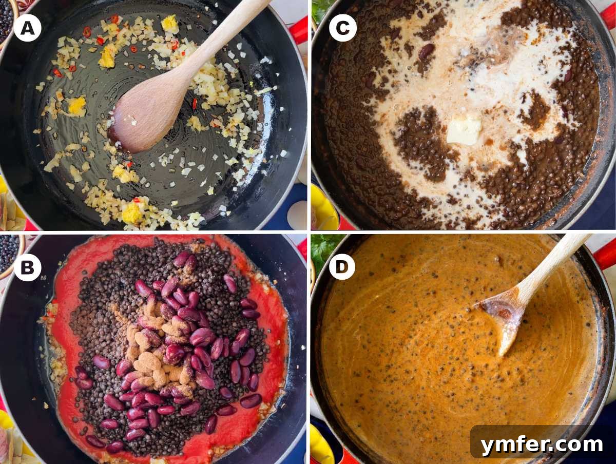 Dal Makhani Black Lentil Curry 4 A step-by-step visual guide showing the process of making Dal Makhani, from sautéing aromatics to simmering and adding cream.