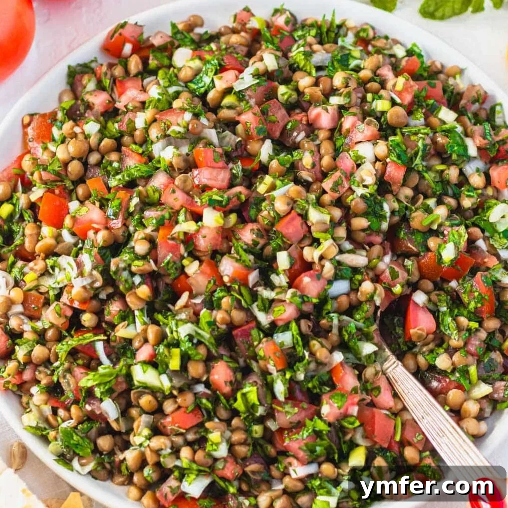 High Satisfaction Low-Calorie Meals 14 Lentil tabbouleh served in a bowl, with a silver spoon and a hand reaching for it.