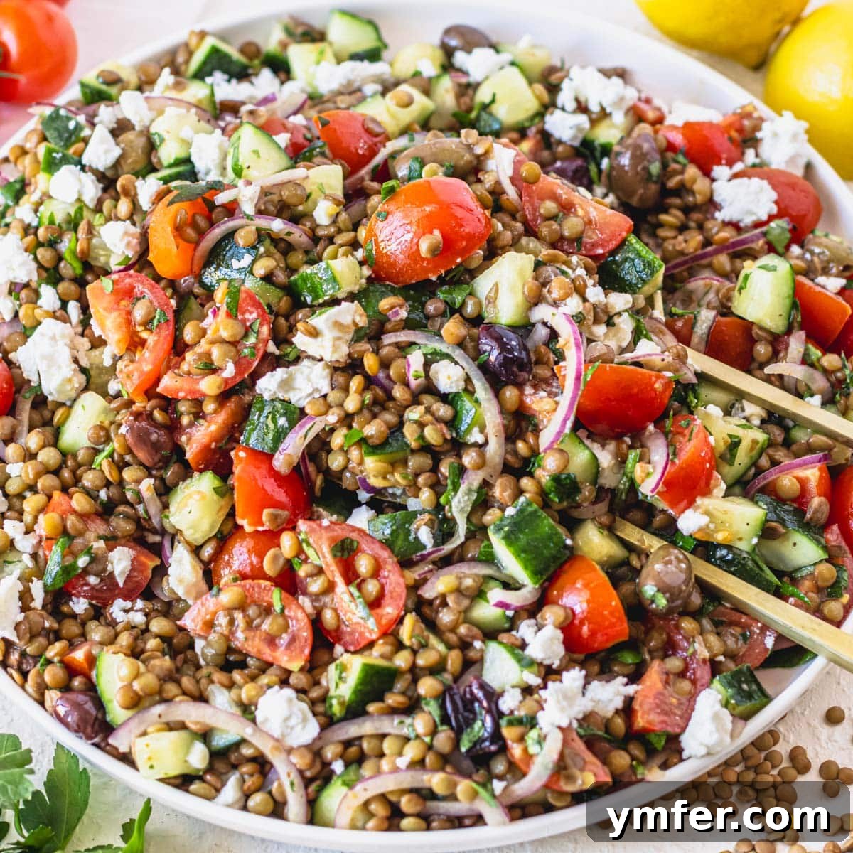 High Satisfaction Low-Calorie Meals 6 A refreshing lentil salad featuring ripe tomatoes, crumbled feta, and thinly sliced red onions.