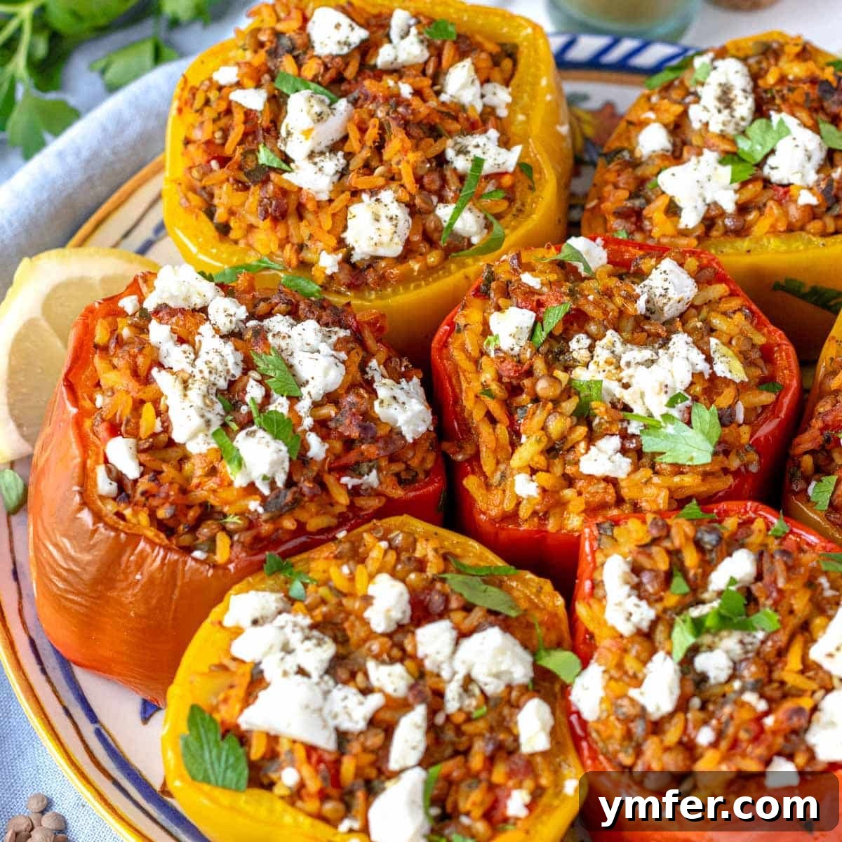 25 High Fiber Power Foods 13 stuffed bell peppers with feta on a Mediterranean plate