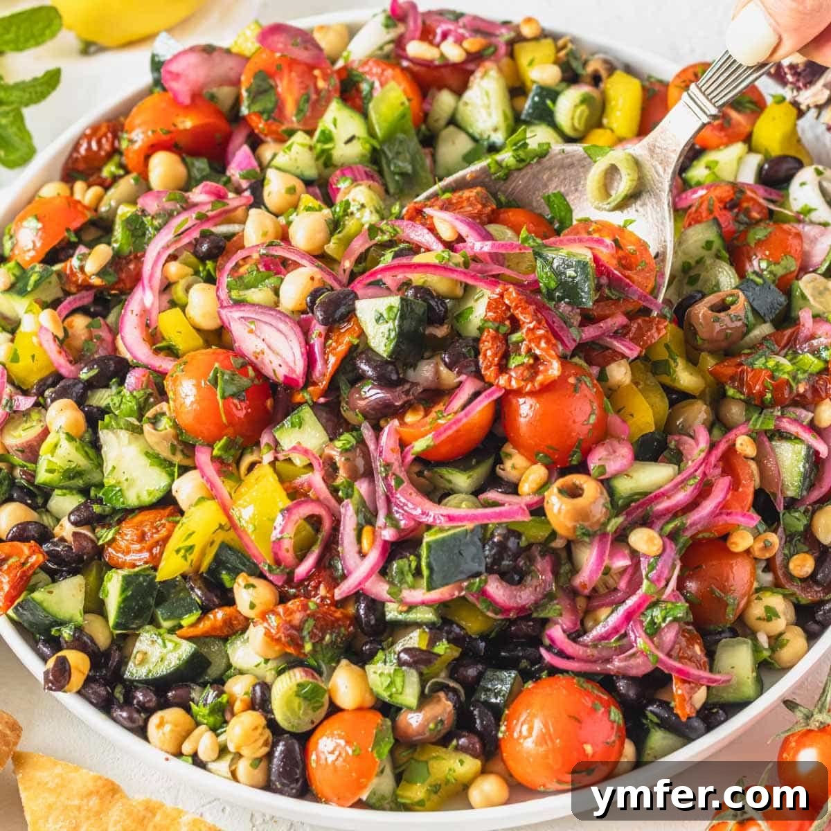 A colorful Mediterranean salad adorned with olives, sun-dried tomatoes, and black beans, presented on a white plate.