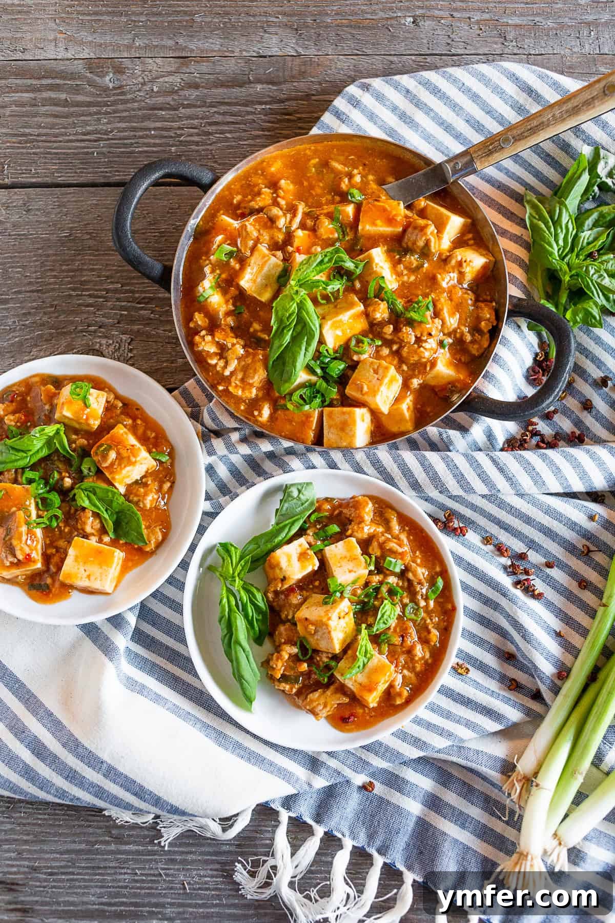 Spicy Minced Pork Mapo Tofu 4 Ground Pork Mapo Tofu served in a small white serving dish, garnished with chopped green onions.