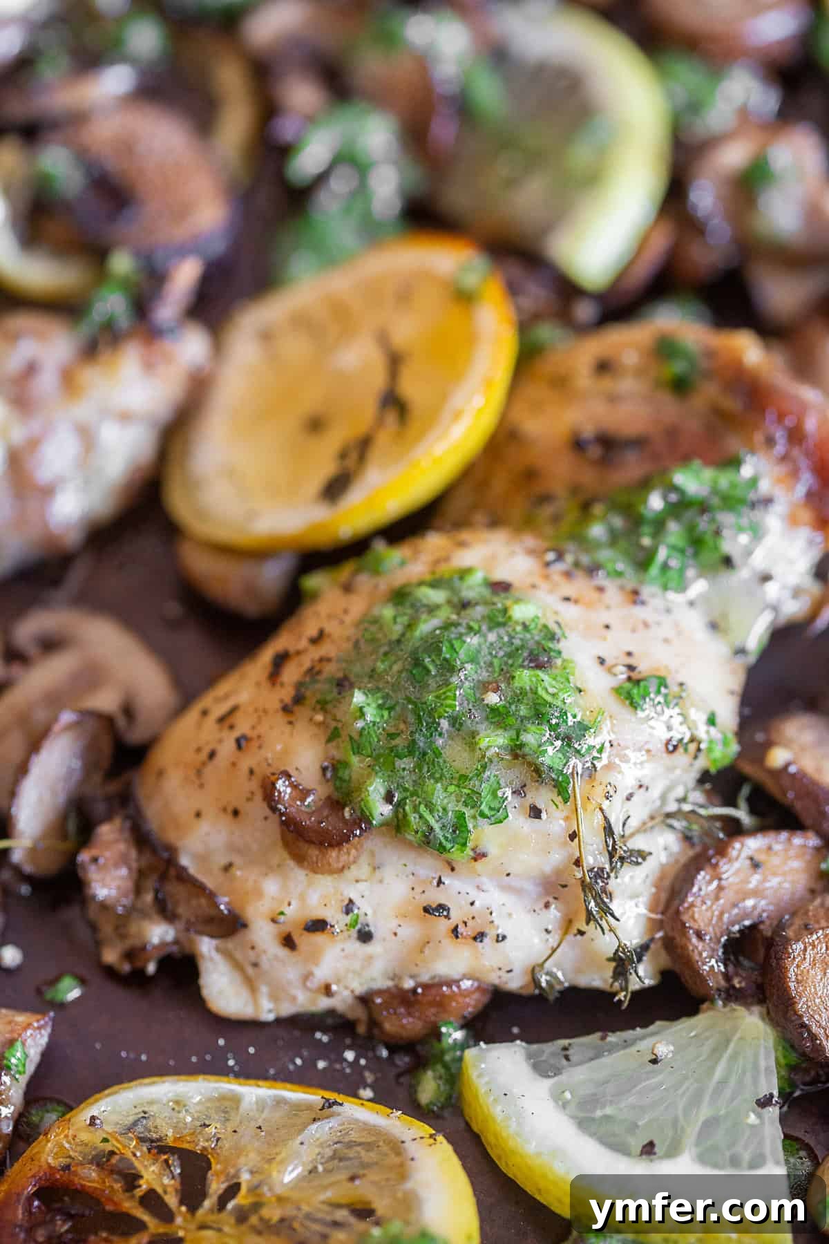 One Pan Zesty Lemon Garlic Chicken 3 Sheet Pan Garlic Lemon Chicken and Mushrooms served on the baking sheet, showcasing the perfectly roasted chicken, tender mushrooms, and caramelized lemon slices.