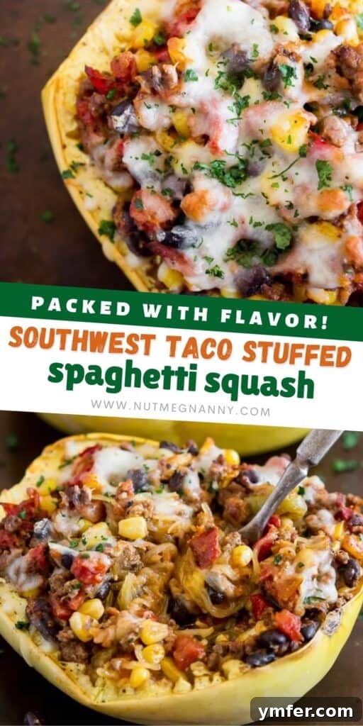 Zesty Southwest Taco Spaghetti Squash Boats 8 Southwest Taco Stuffed Spaghetti Squash pin for pinterest, featuring a close-up of the dish.