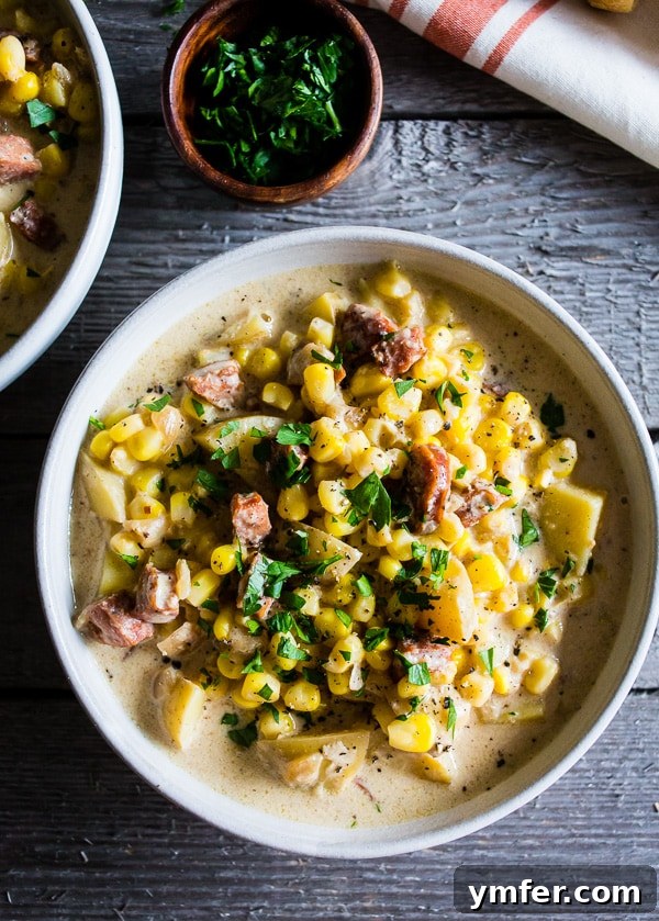 Golden Andouille Harvest Chowder 2 Hearty Andouille Corn Chowder, a perfect winter comfort food. Slightly spicy, full of flavor, and a total crowd-pleaser, ready in under an hour.