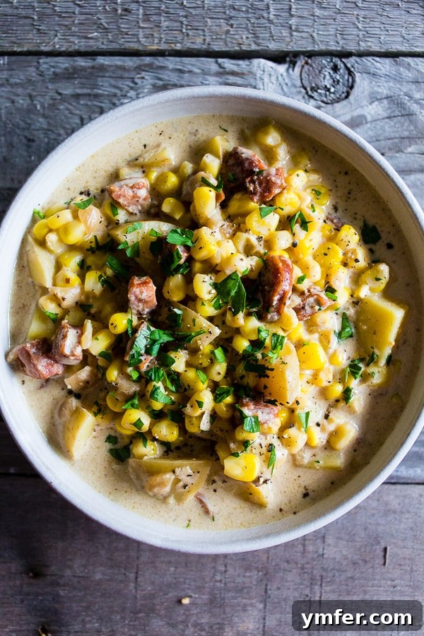 Golden Andouille Harvest Chowder 4 This Andouille Corn Chowder is the perfect winter comfort food. Slightly spicy, full of flavor and a total crowd pleaser. Plus, it's ready in under an hour so you can make this delicious soup during the crazy weeknight dinner rush.