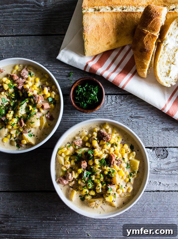 Golden Andouille Harvest Chowder 5 This Andouille Corn Chowder is the perfect winter comfort food. Slightly spicy, full of flavor and a total crowd pleaser. Plus, it's ready in under an hour so you can make this delicious soup during the crazy weeknight dinner rush.