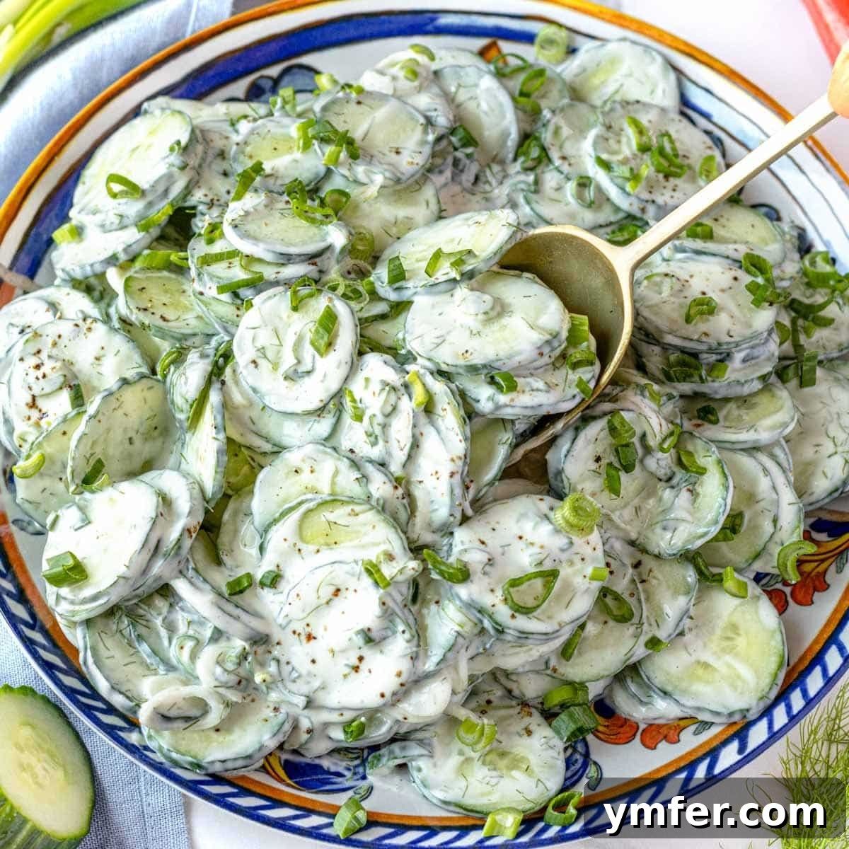 21 Fresh & Flavorful Summer Salads 3 Creamy cucumber salad recipe, garnished with fresh dill.