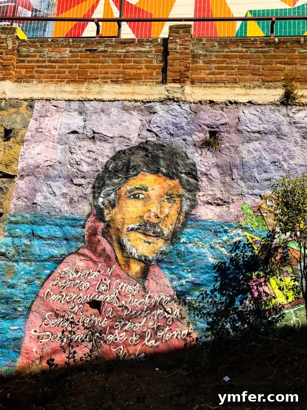 Valparaiso Street Art: Explore Chile's Open-Air Gallery 11 A colorful Valparaiso street art piece depicting a stylized face with abstract elements and bold outlines.