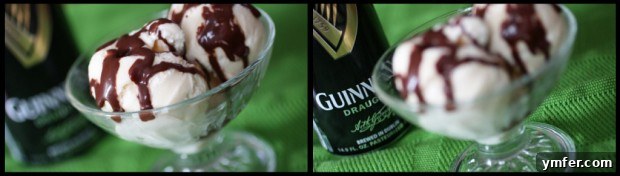 A close-up shot of creamy ice cream topped with a generous drizzle of homemade Chocolate Guinness Sauce, showcasing its rich texture.