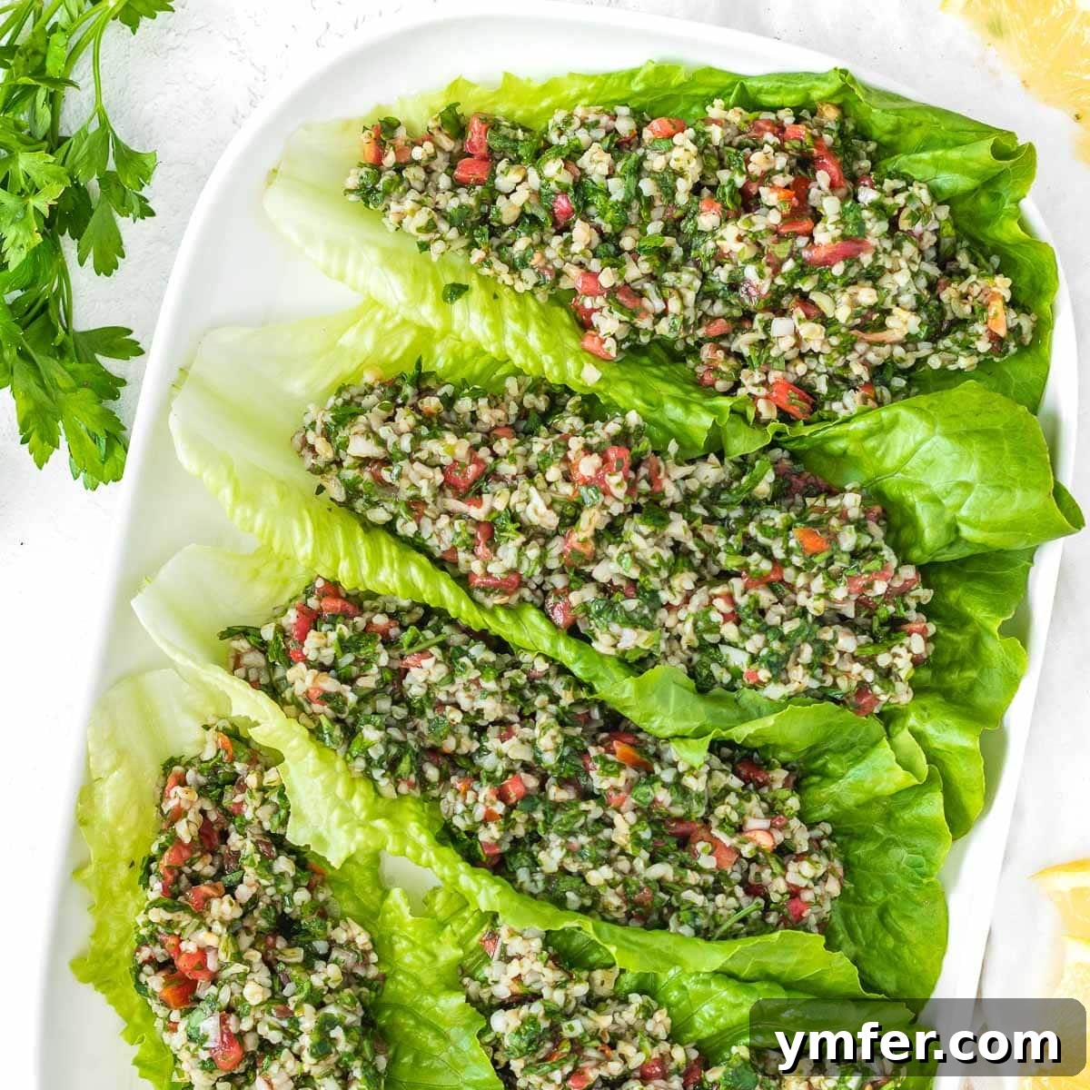 Beat the Heat 30 No-Bake Dinners 17 Vegetarian appetizer ideas with Tabbouleh lettuce wraps, fresh, filling, and herbaceous.