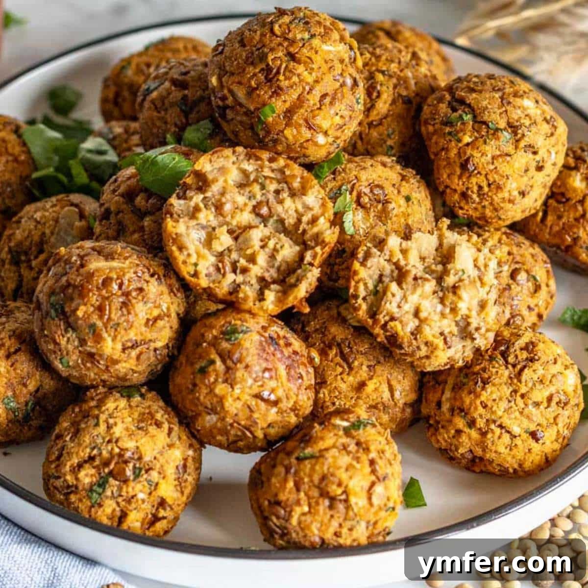 30 Delectable Picnic Recipes 16 Appetizing lentil meatballs with a visible bite taken, showcasing their texture.